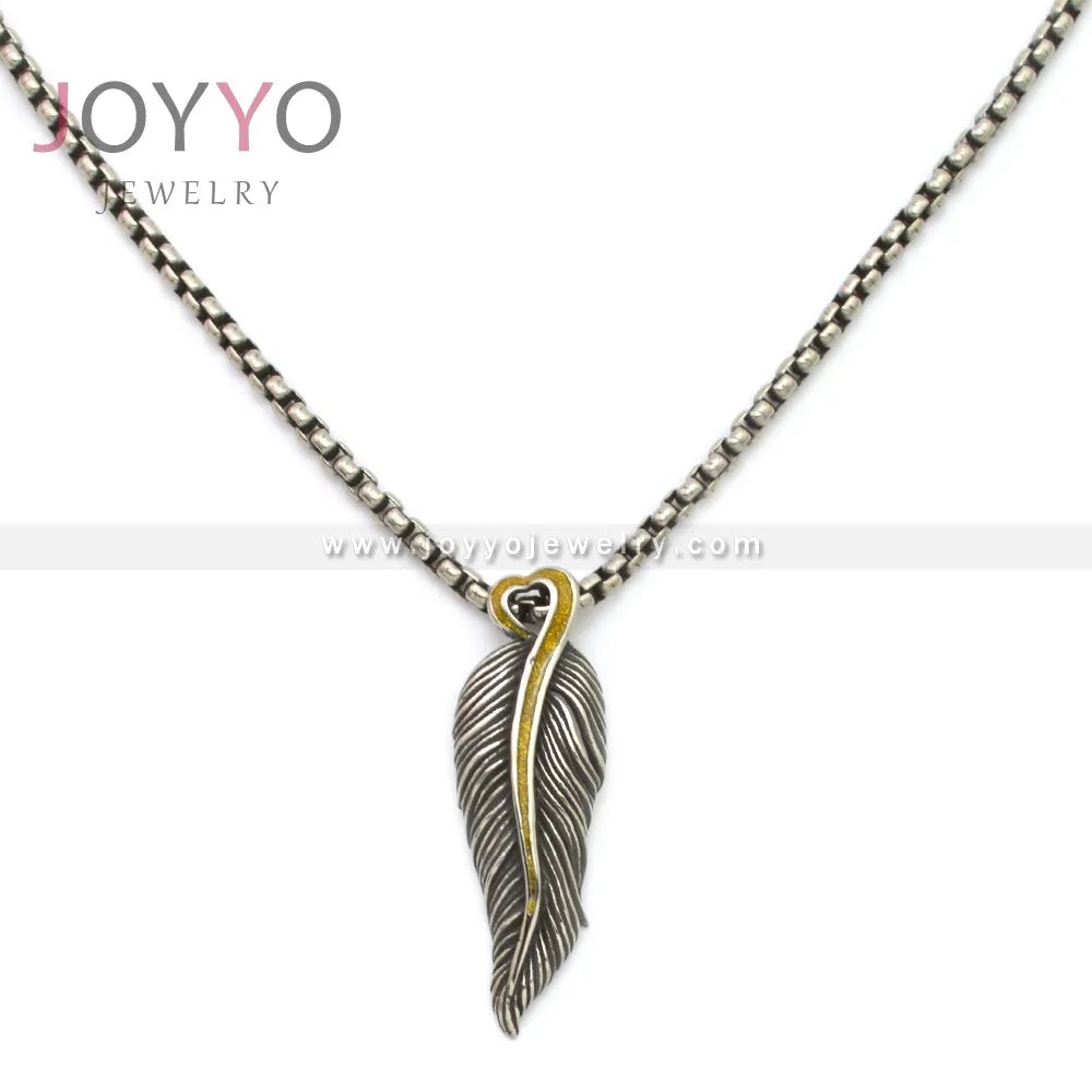 Vintage Stainless Steel Feather Long Necklace Women's Fashion Pendant