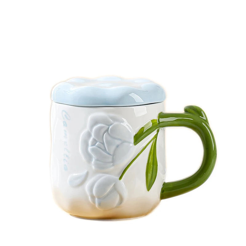 420ml OEM Round Tulip Shape Creative Hand Drawing European Lovely Ceramic Coffee Cup Coffee Cup Ceramic Mug With Lid