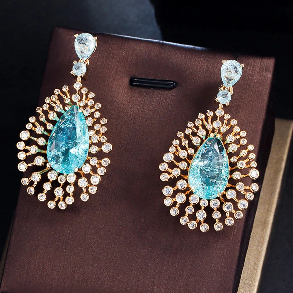 Shiny Light Blue Water Drop Broken Iced Out Cubic Zircon Dangle Round Long Big Teardrop Earrings for Women Party Prom Jewelry