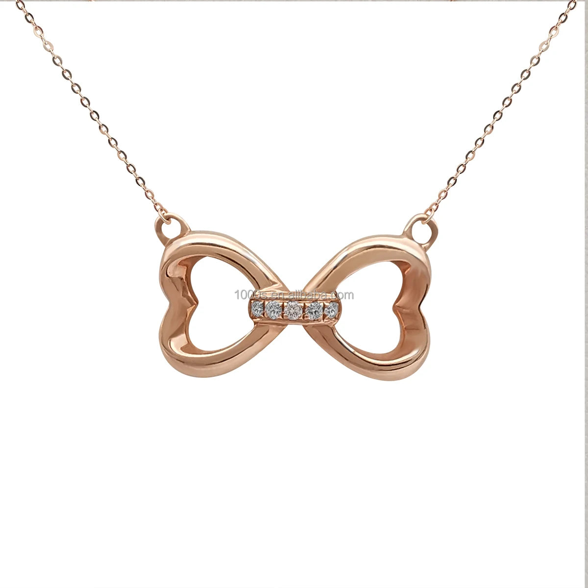 Dainty Real 18K Solid Gold Natural Diamond Bowknot Charm Necklace Rose Gold Necklace for Women Girl Fine Jewelry Gift