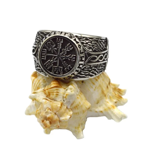 Hot Selling Norse Viking Rune Circle Ring in Gun Metal Black Glass Cabochon for Men