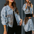 Women's Leopard Denim Jackets Fashion Female Casual Long Sleeve Lapel Button Down Chest Pocket Slim Jacket Fall Winter Coat