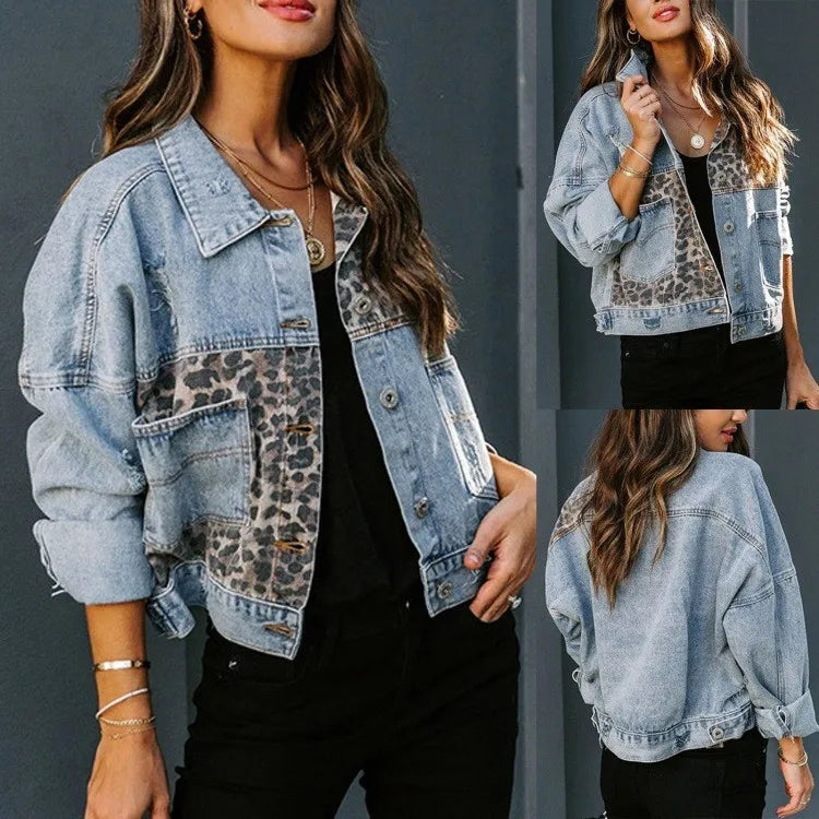 Women's Leopard Denim Jackets Fashion Female Casual Long Sleeve Lapel Button Down Chest Pocket Slim Jacket Fall Winter Coat