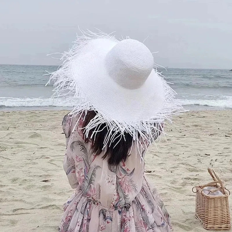 Women Tassel Straw Hat Wide Brim Beach Sun Cap Foldable Large Floppy Summer Hats