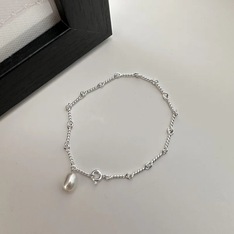 Vintage Genuine 925 Sterling Silver Twist Chain Girls Bracelets Oval Round Freshwater Pearl Quality Charm Bracelets