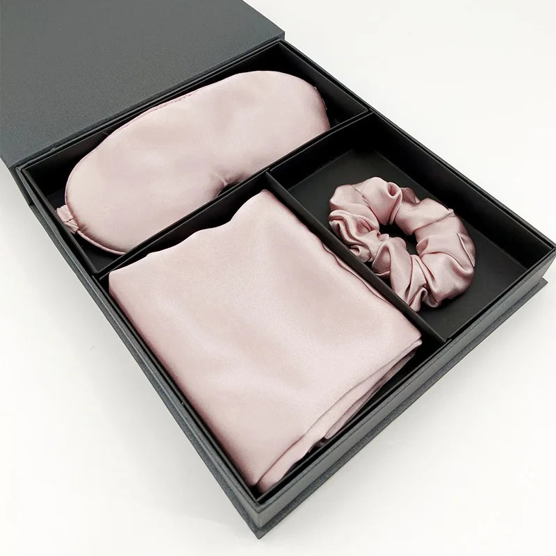 Custom Logo OEM Mulberry Silk Pillowcase Gift Set Sleep Eye Mask and Scrunchie