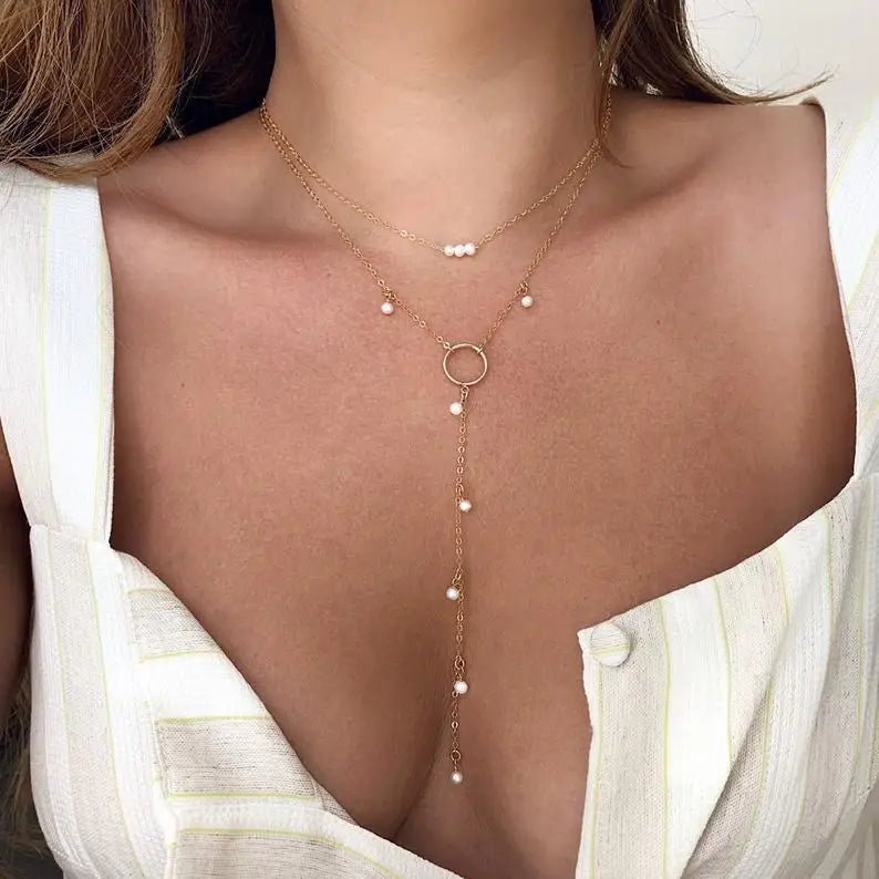 SC Fashion Double Layers Choker Necklace Long Tassel Pearl Pendant Necklace Pearl Beads Necklace for Women Girlfriend