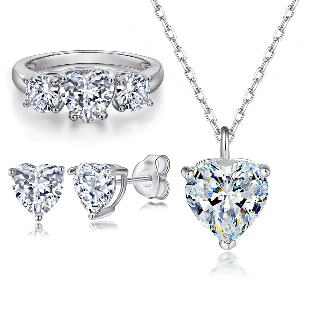 Custom Silver Jewelry Women Heart Ring Necklaces Stud Rhodium Plated Claw Setting 925 Sterling Silver Bridal Wedding Jewelry Set