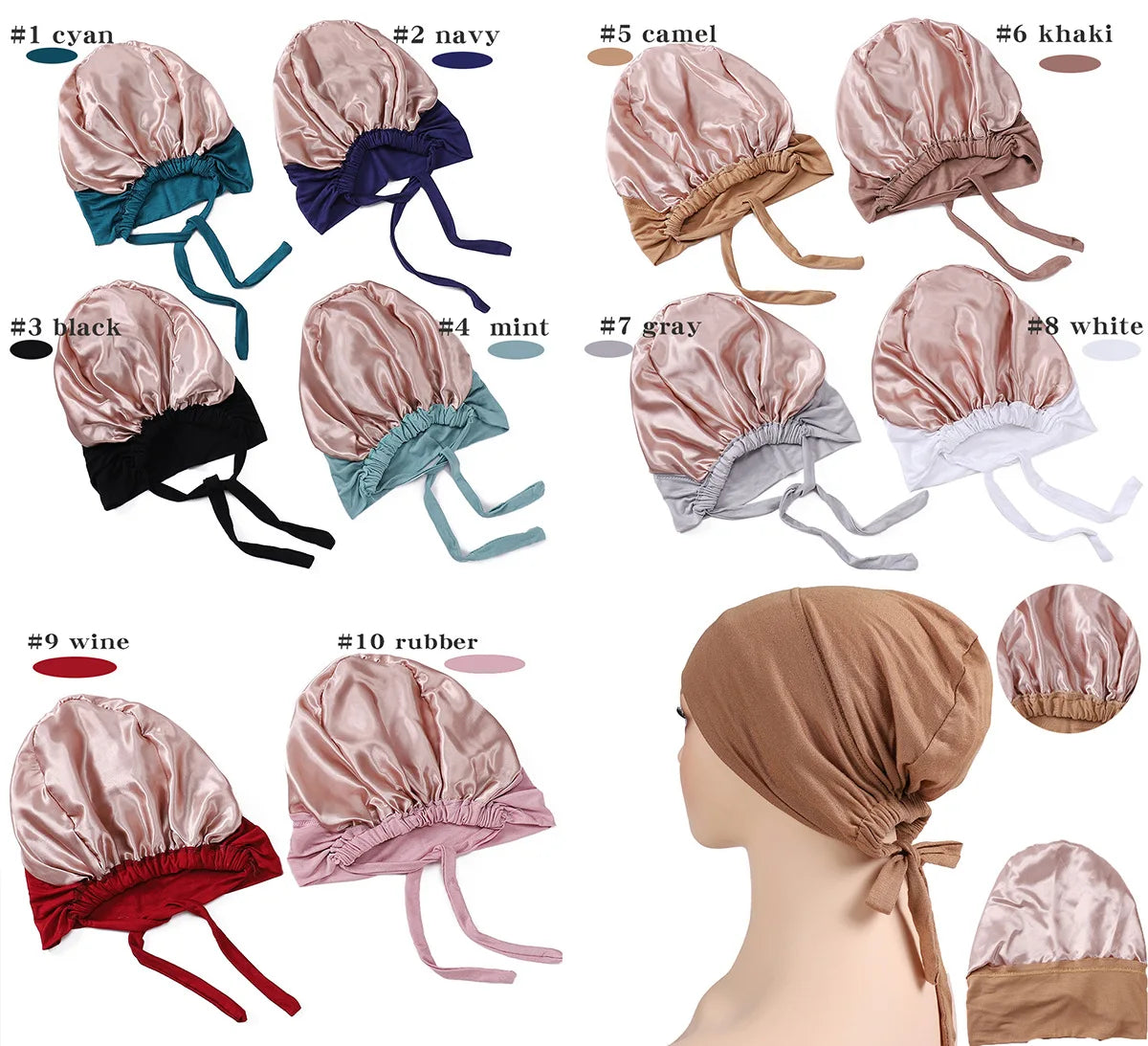 2025 Hot Sale  New Designs Turkish Cotton Modal Jersey Premium Satin Lined Silk Underscarf Muslim Women Satin Inner Hijab Caps