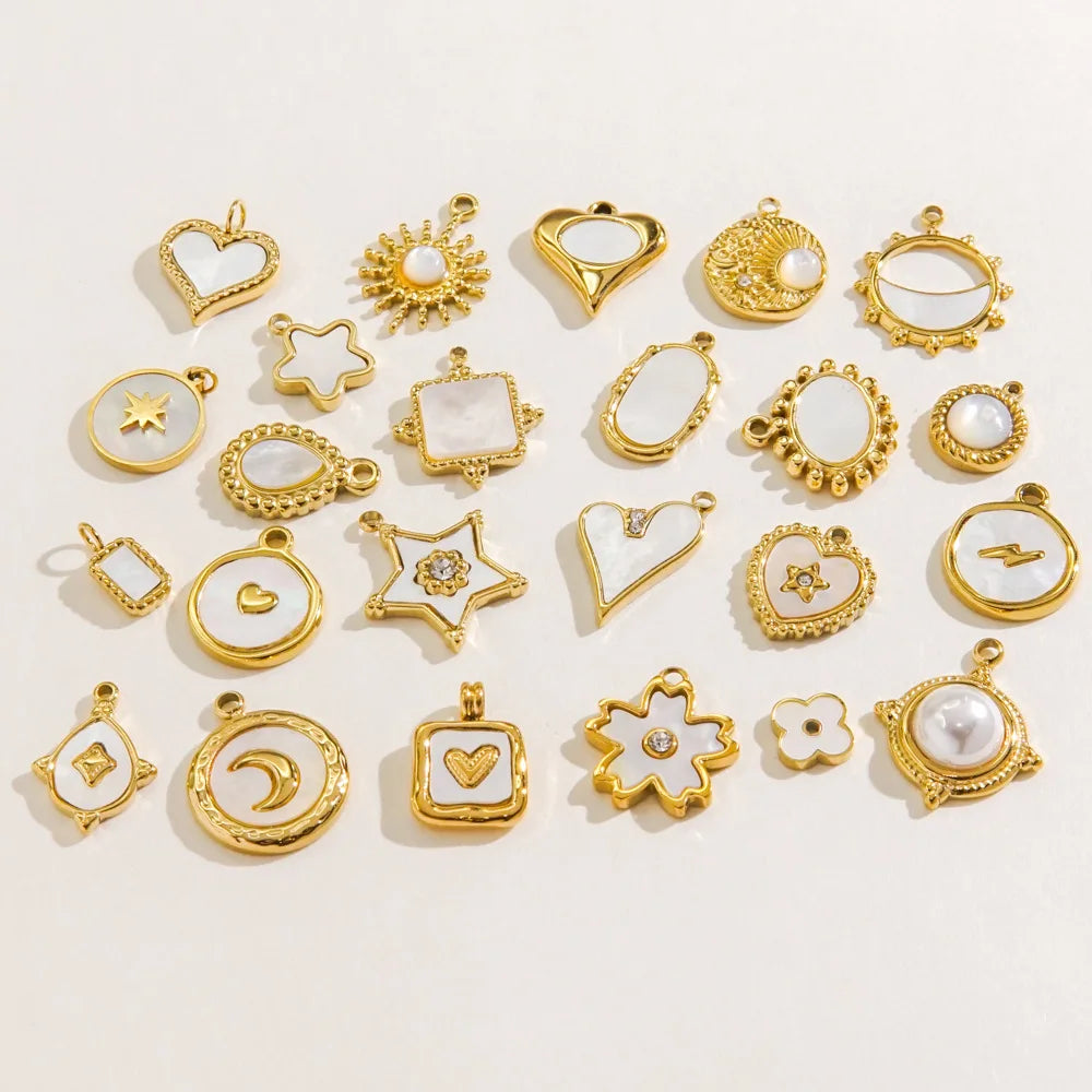 2025 Custom DIY Stainless Steel Charm Fashion Jewelry White Shell Pearl Heart Star Pendant PVD Gold Charms for Jewelry Making