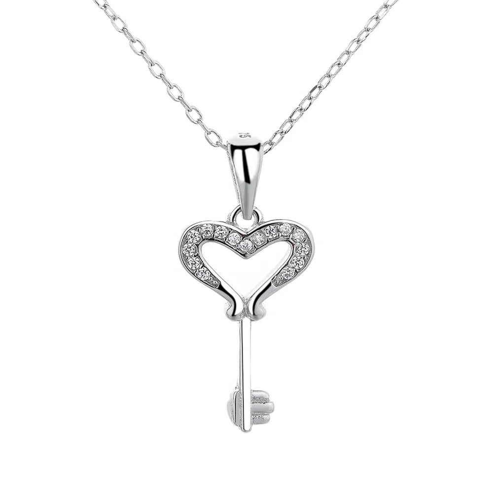 Sterling Silver Stylish Heart-shaped Key Pendant with Diamond True love for Women