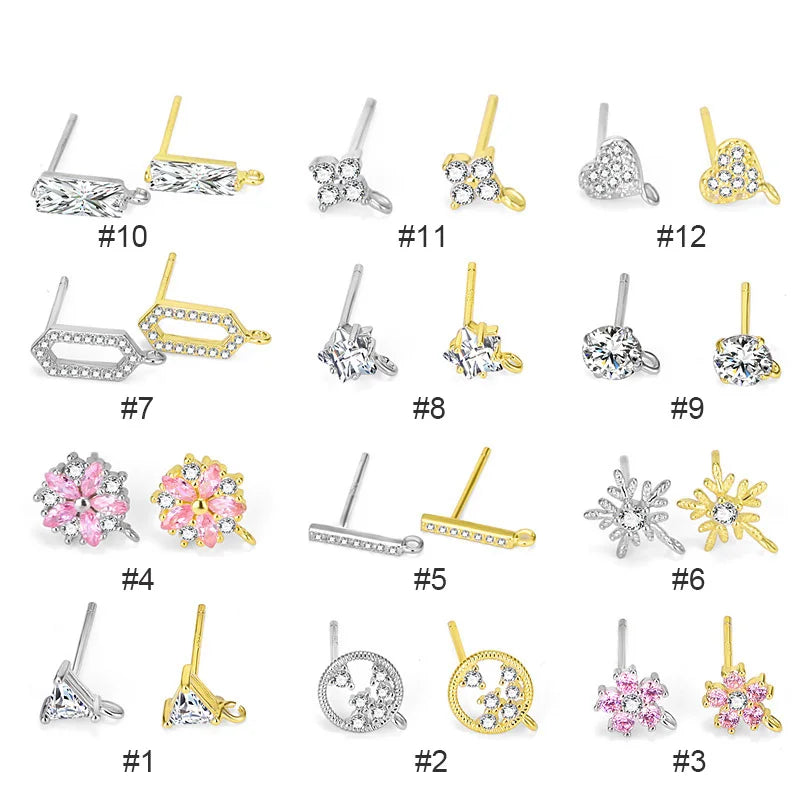 Fine 925 Sterling Silver Stud Ear Blank Base DIY Jewelry Findings Clear Zircon Earrings Setting Empty Bracket With Loop