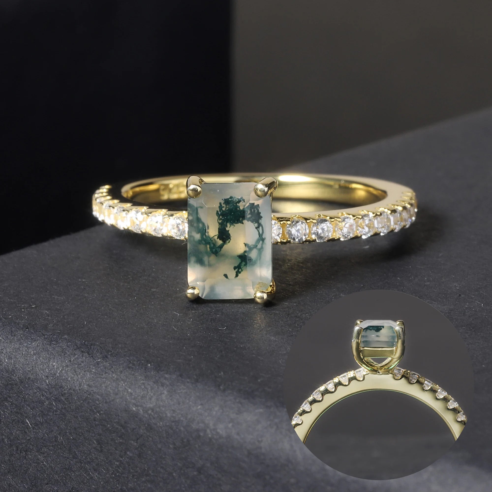 KH068 Abiding Fine Jewelry Wholesale Emerald Cut 5x7mm Stone Women 925 Sterling Silver Moss Agate Ring for Engagement