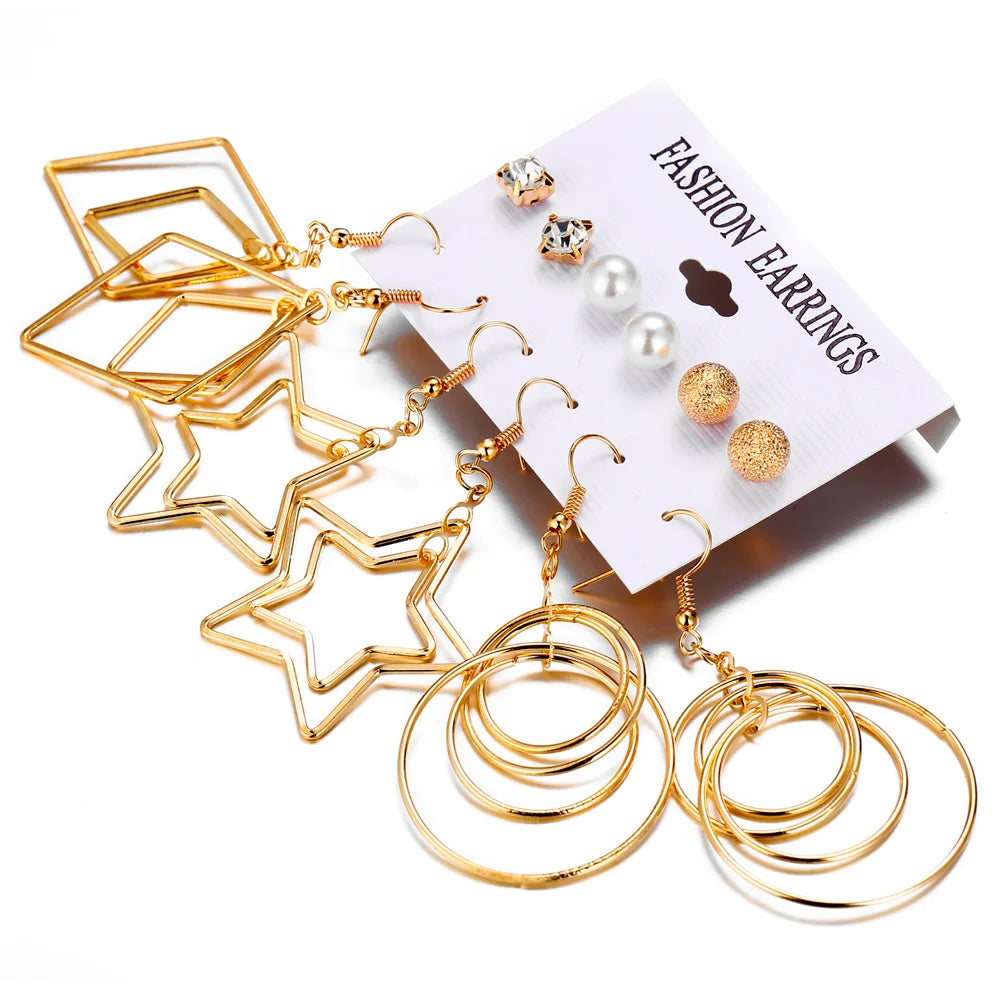 Wholesale 6 Pcs/set Fashion Pearl Star Shaped Drop Earrings Large Circle Geometric Stud Earrings for Women