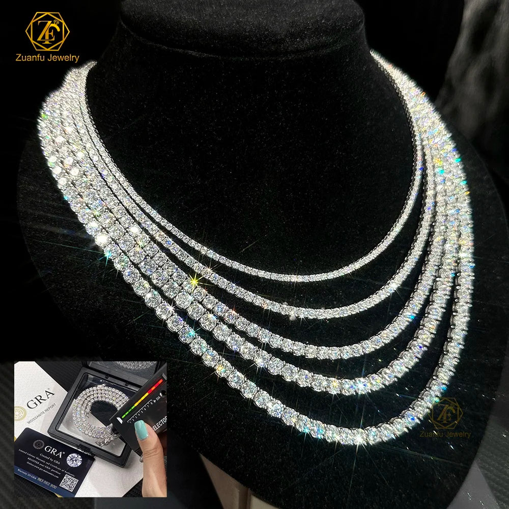 Fine Jewelry 18k Gold Plated Custom Tennis Necklace 2mm-6.5mm 925 Silver Moissanite Tennis Chain Necklace for Women and Men