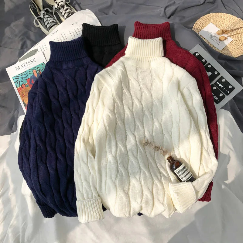 Men's Fashion Slim Knit Sweater Thickened High Neck Twist Design Solid Color Anti-Shrink Anti-Wrinkle Autumn Season Fashion
