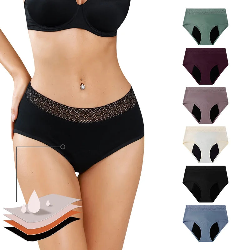 Custom 4 Layers Leak Proof Menstrual Underwear Lace Waist Organic Cotton Period Panties High Absorbent Reusable Sanitary Briefs