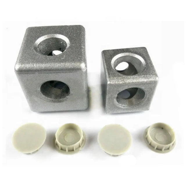 Die-Cast Aluminum 40*40 Cubic Square Connector 2-Way with Alu Color Painted Cover Caps for Bracket Applications Gubo