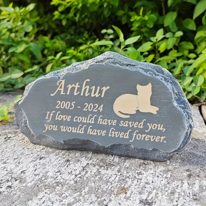 Custom Mountain Rock Pet Memorial TombStone Gray Resin Sculpture with Cat Silhouette for Garden Decor