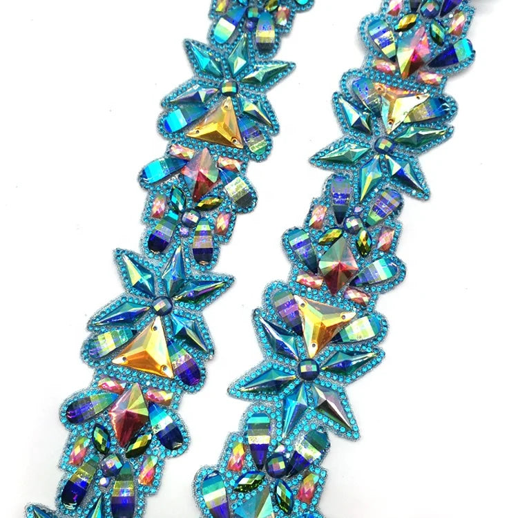 Factory Supplier Royal AB Resin Aqua Rhinestone Trim Carnival Costumes Iron-On Trim