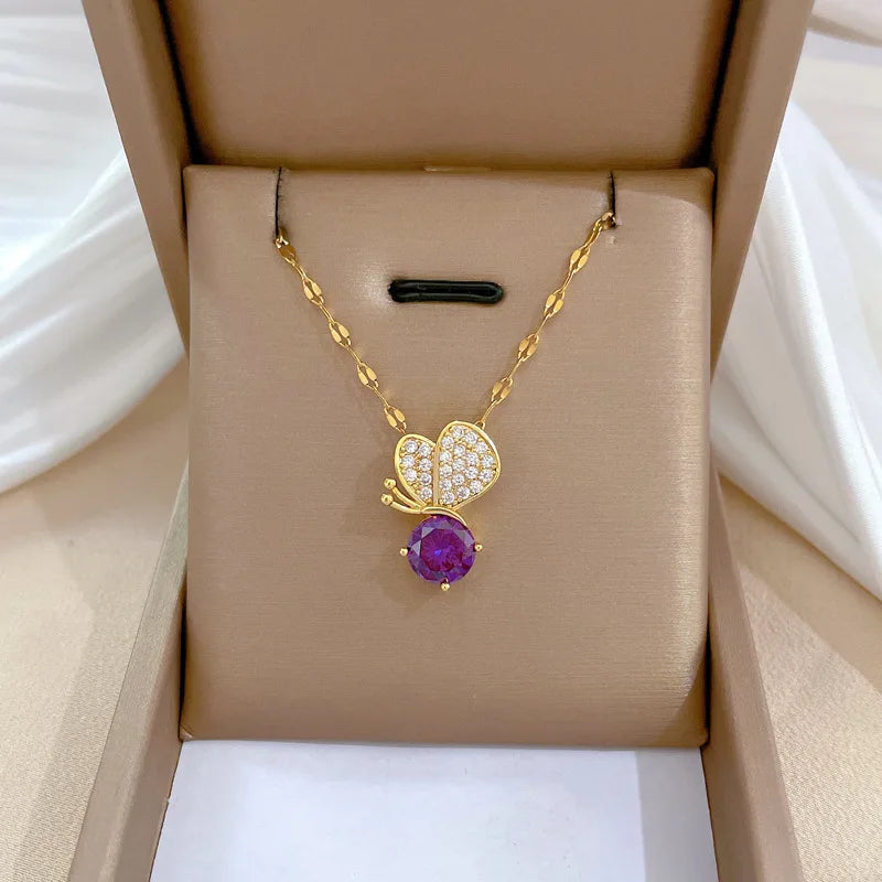 Wholesale 18K Gold Plated Charm Pendant Stainless Steel Tarnish Free Waterproof Butterfly Delicate Diamonds Necklace
