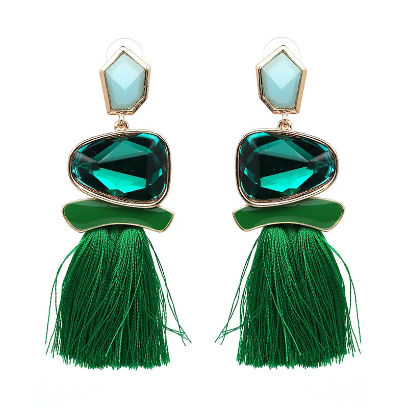 Ethnic Jewelry Silk Thread Gem Tassel Earrings Colorful Resin Geometric Tassel Earrings for Women
