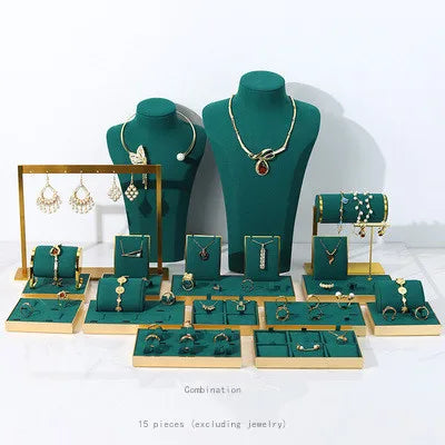 Green Velvet Combination Display Set Jewelry Shown Stand Necklace Ring Display Rack Metal Jewelry Display Props