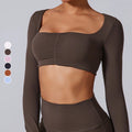 Women's Autumn Winter Breathable Lightweight Yoga Top Exposed Waist Pleated Solid Color Sporty Long Sleeves