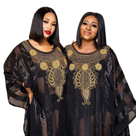 Hot Sale Plus Size Elegant Evening Dress for Women Black Chiffon Two Piece Set with Rhinestones Made of Polyester
