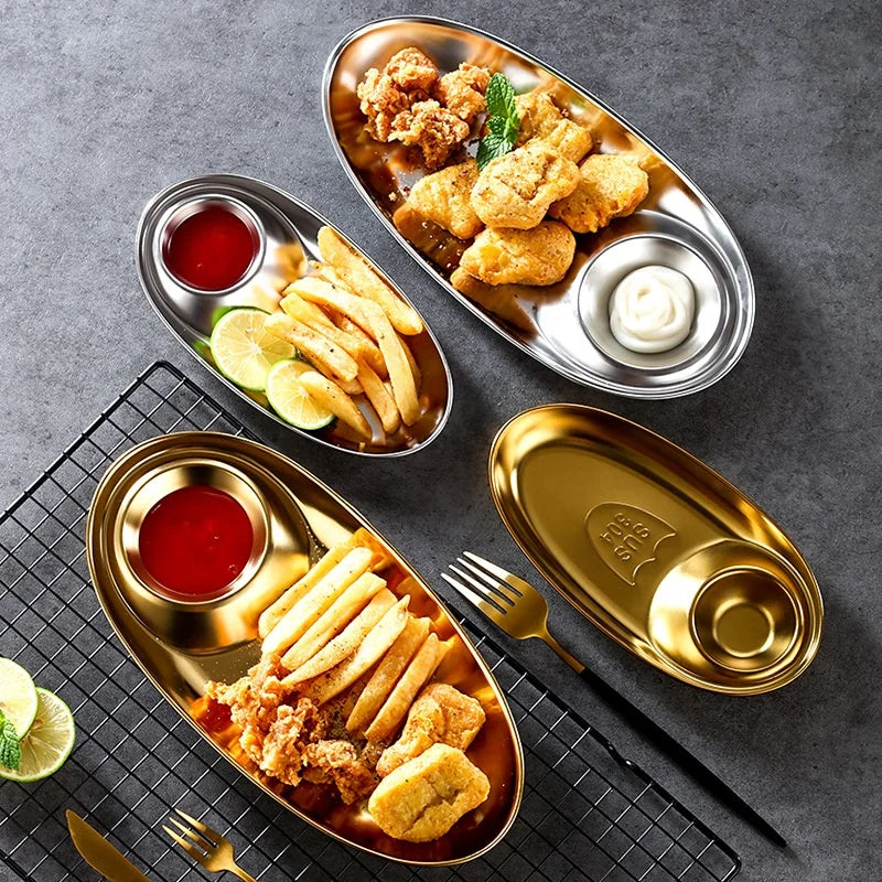 Korean Gold Stainless Steel Tray Snack Dumpling Oval Seasoning Master Plate 304 Metal Restaurant French Fries Tray
