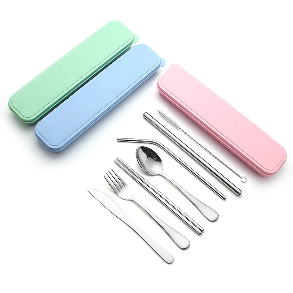 Wholesale Portable Straw Chopsticks Spoon Fork Knife Dinnerware Metal Flatware Outdoor Travel Stainless Steel Gift Cutlery Set