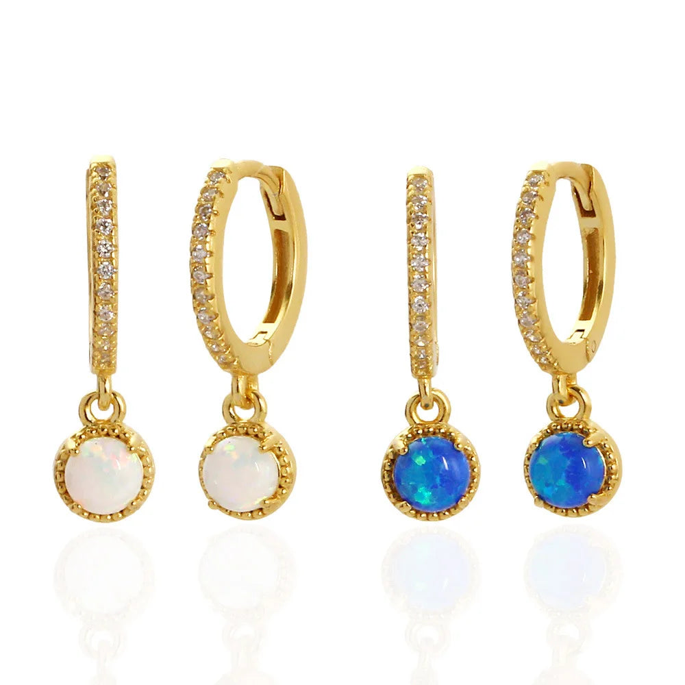 NEW Fashion Jewelry 925 Sterling Silver High Quality Round Synthetic White Opal Gold Plated Hoop Earring Jewelry for Women