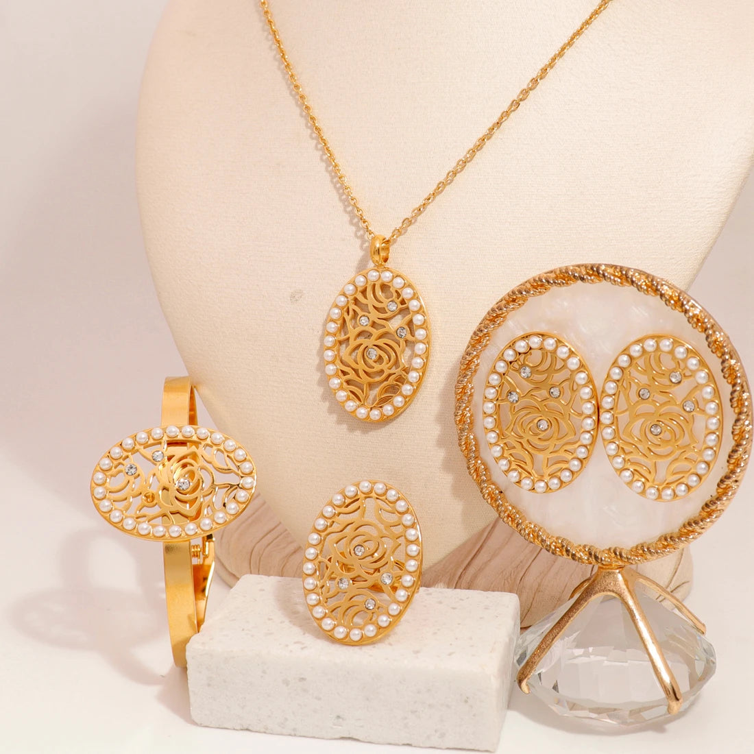 Women Girl Stainless Steel Cute Crystal Stone Big Wedding Jewelry Set India Jewelry Sets 18K Gold Plated