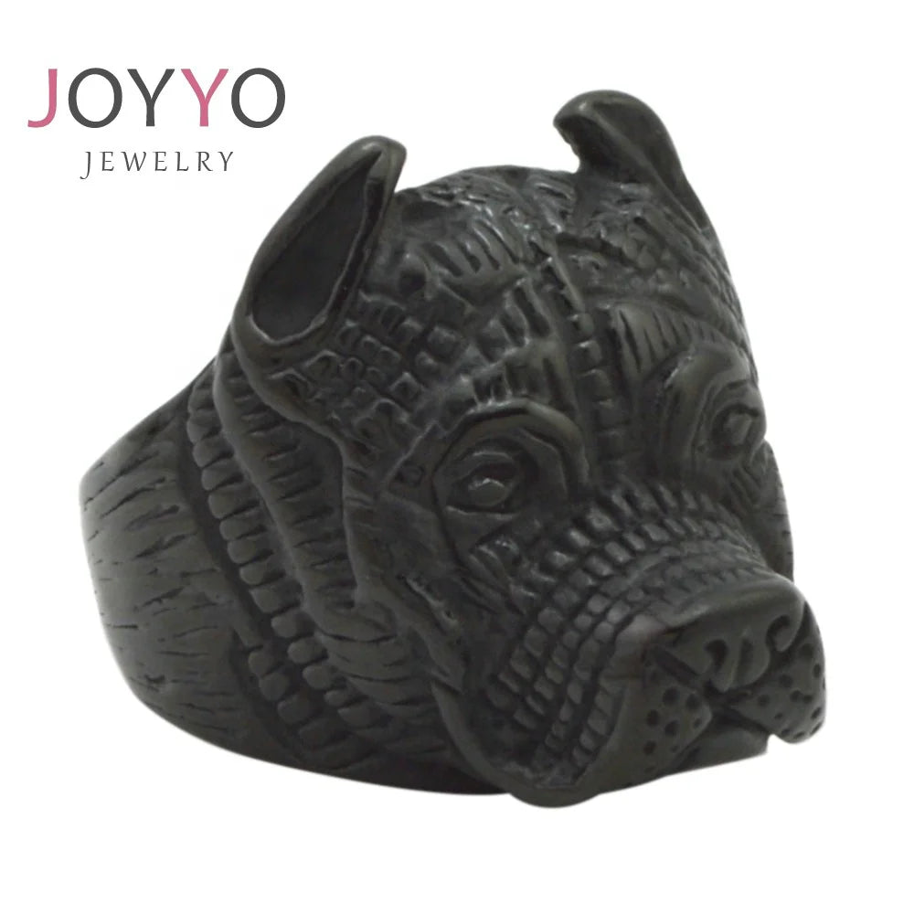 Black Pitbull Ring Punk Stainless Steel Bulldog Ring for Men AnimalJewelry