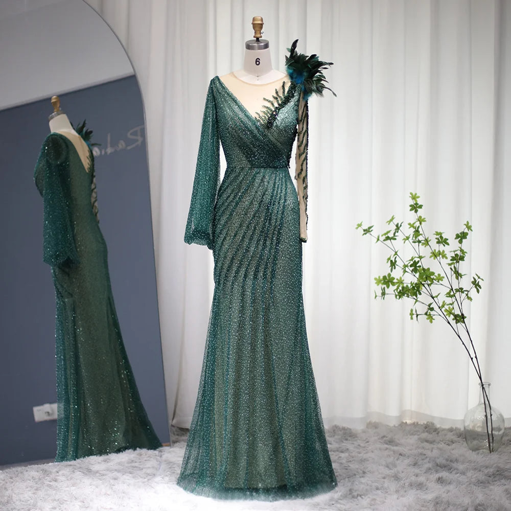 Ruolai ASA-SS20 Modest Round Neck Long Sleeve Prom Dress Heavy Beaded Sequin Evening Cocktail Party Dress for Women