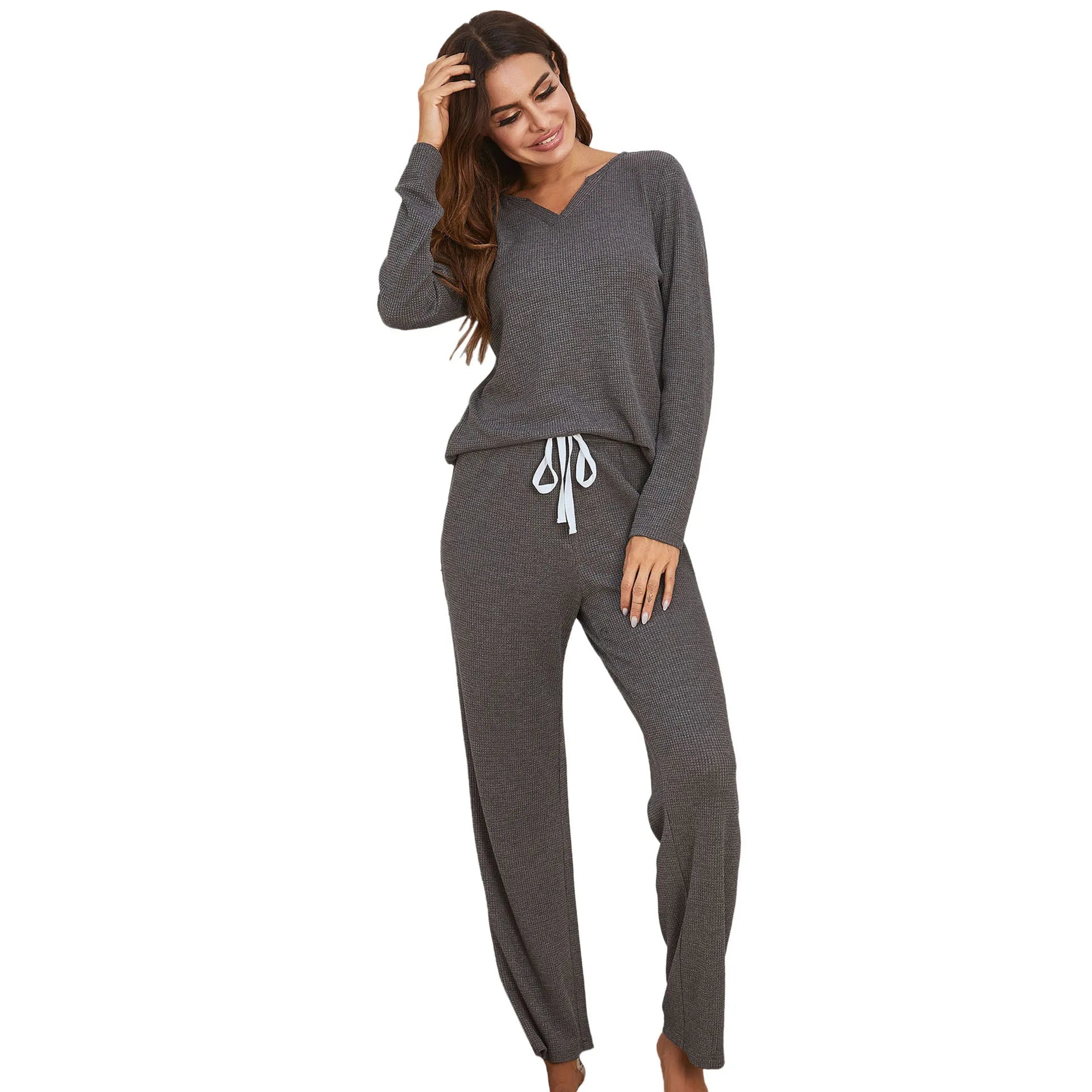 Women's Casual Solid Color Long Sleeve Pants Pajamas Set New Style Home Suit for Summer Autumn Spring
