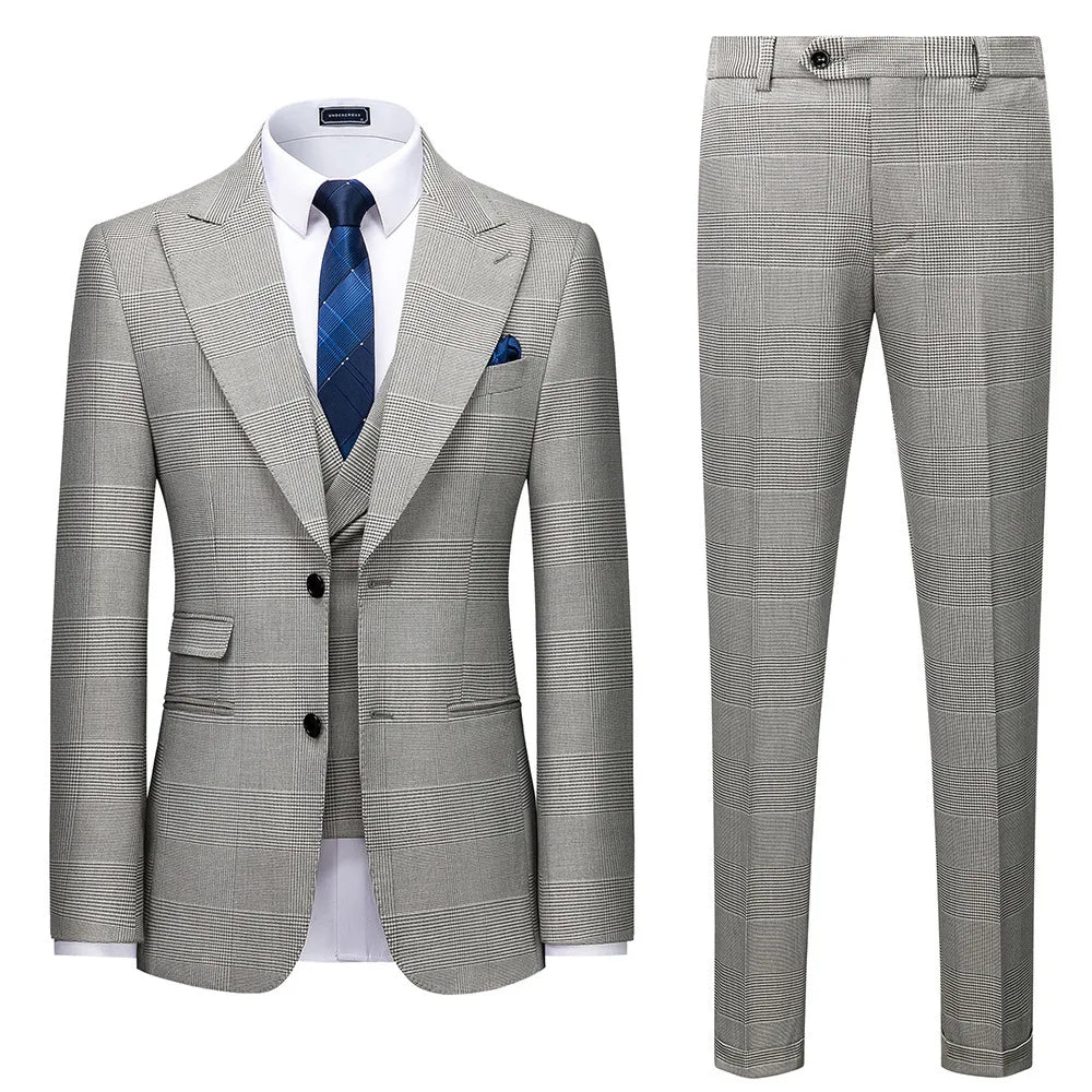 M-4XL Men Plaid Single Breasted Business 3 Piece Light Grey Formal Wedding Suits (Jacket+Vest+Pants)
