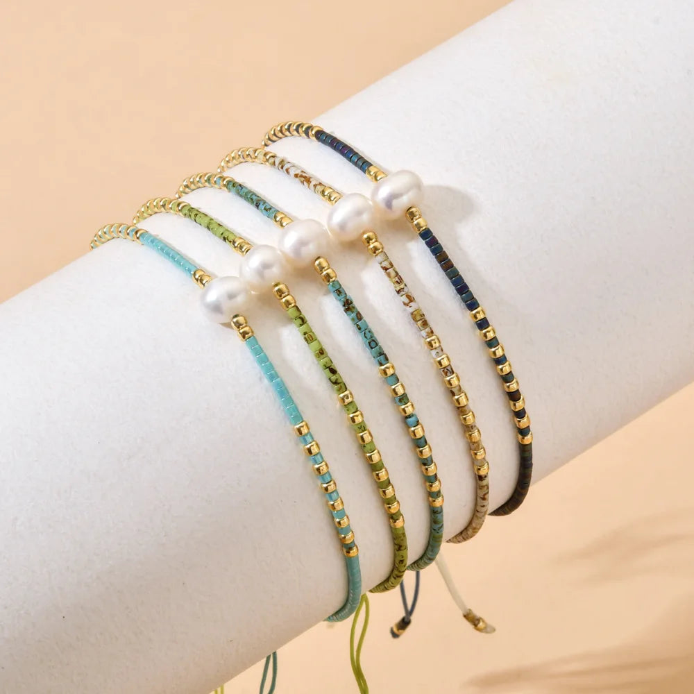 Boho Minimalist Natural Seeds Stone Beaded Bracelet Freshwater Pearl Charm Semi-precious Healing Braided Stone Bracelets Unisex