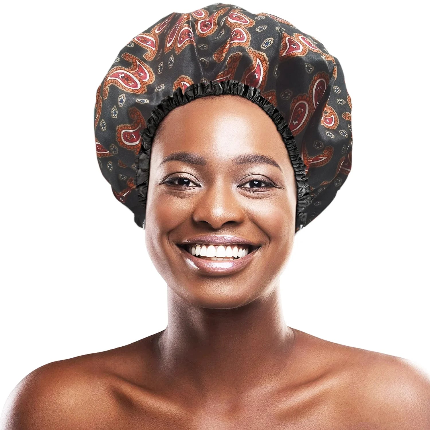 Custom extra Large Braid Bonnet Triple Layer Satin Print Microfiber Lined Shower Cap