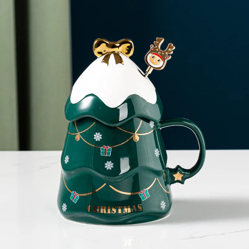 Christmas Tree High-grade Ceramic Coffee Mug Set European-style Gold Handle Exquisite Tea Cup With Spoon for Gifts