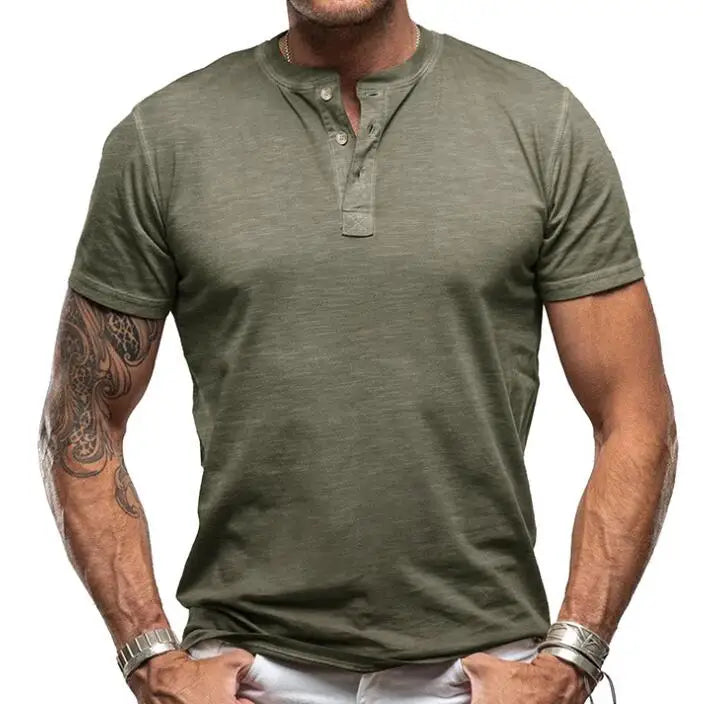 Summer New Men's Solid Color Bamboo Cotton Henley Shirt Men's Outdoor Sport Casual T-shirts