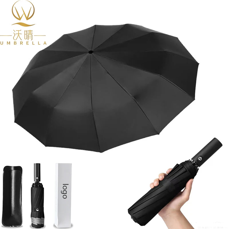 Hot Selling 12-Bone Automatic 3-Fold Umbrella Pongee Material Custom Logo Printing Classic Design for Business Gifts for Adults