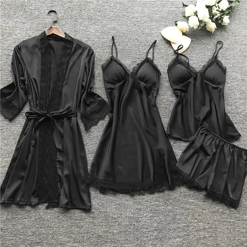 Women's Eco-Friendly & Comfortable 4-Piece Summer Sleepwear Sexy Satin Lingerie in Soft Smooth Silk Western Style for Spring