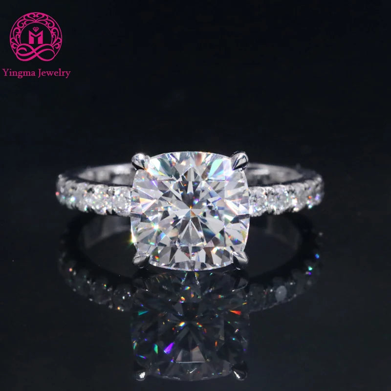 14K Solid Fine Gold Jewelry 3 Carat Cushion Diamond Real White Moissanite Wedding Engagement Ring for Women