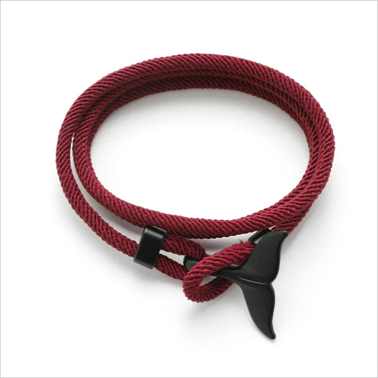 Hot Sale Ocean Series Handmade Black Whale Tail Wrap Mens Rope Bracelet for Gifts