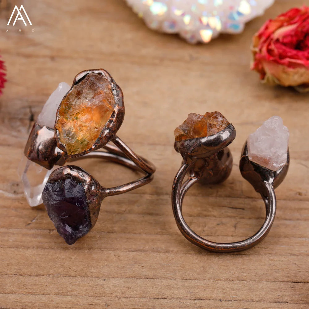 Designer Rings  White Quartz Point Citrine  Amethyst  Antique Brass  Healing Crystals Chakra Jewelry Men Gift