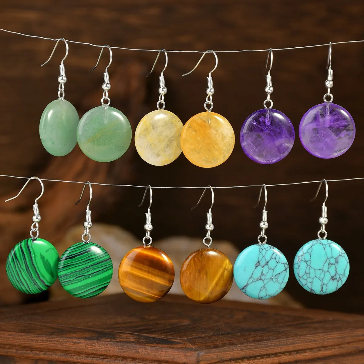 Assorted Round Gemstone Bohemian Pair Earrings Dangle Fashion Beaded Earrings Amethyst Tiger Eye Rose Quartz Round Charm Earring
