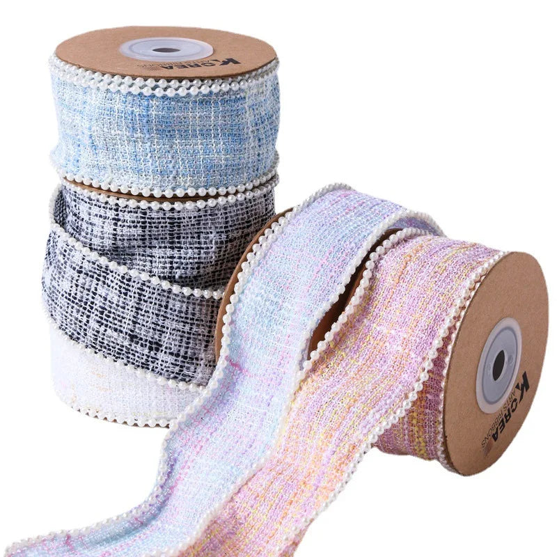 10y Custom Pearl Sheer Wired Edges Tweed Ribbon for Sewing Fabric Garments Crafts Ribbon