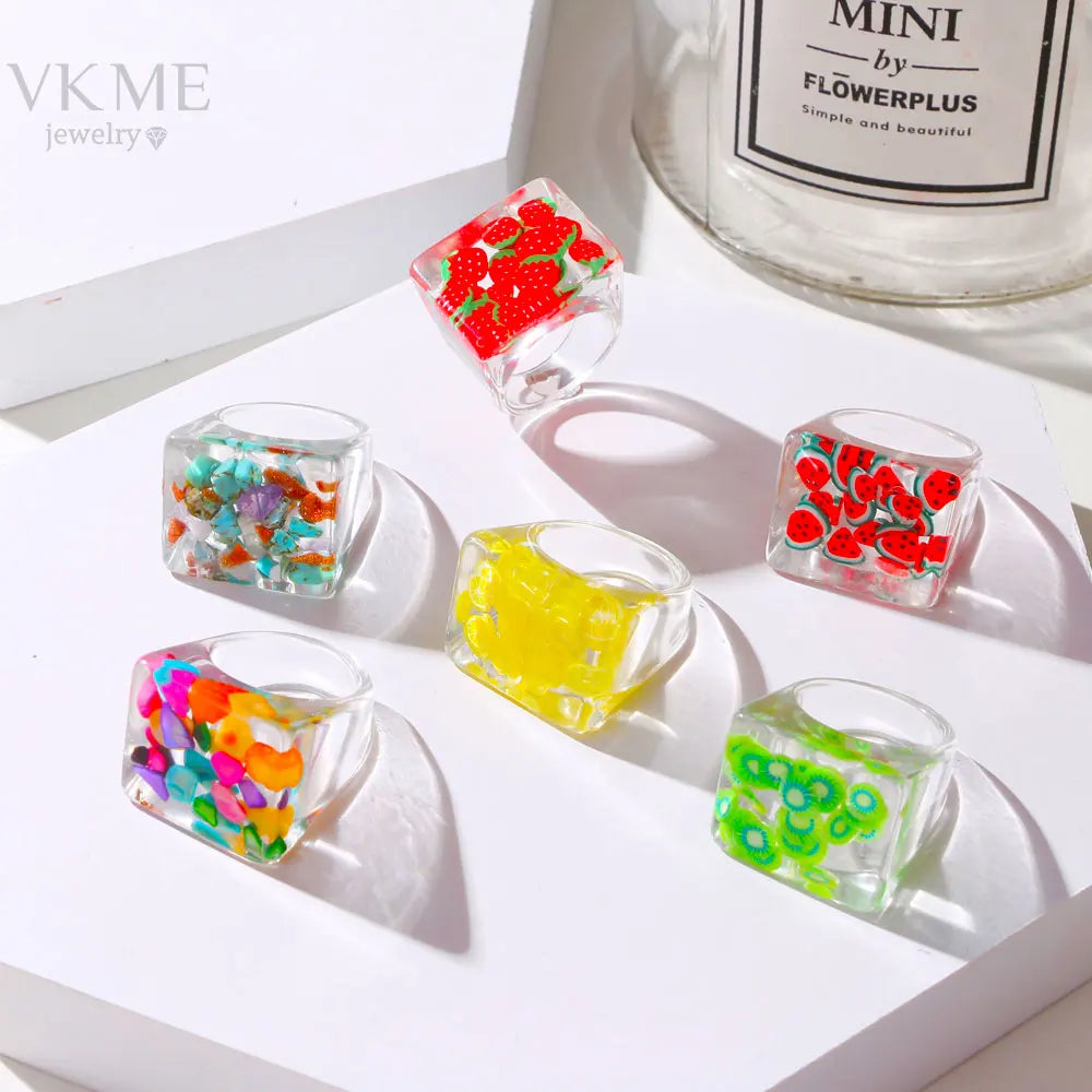 VKME New Design Fashion Resin Acrylic Rings Fruit Color Rings for Women Jewelry