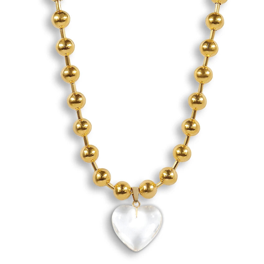 Transparent Glass Pendant Necklace Crystal Heart Necklace Big Ball Stainless Steel Gold Chains Beaded Necklace for Woman